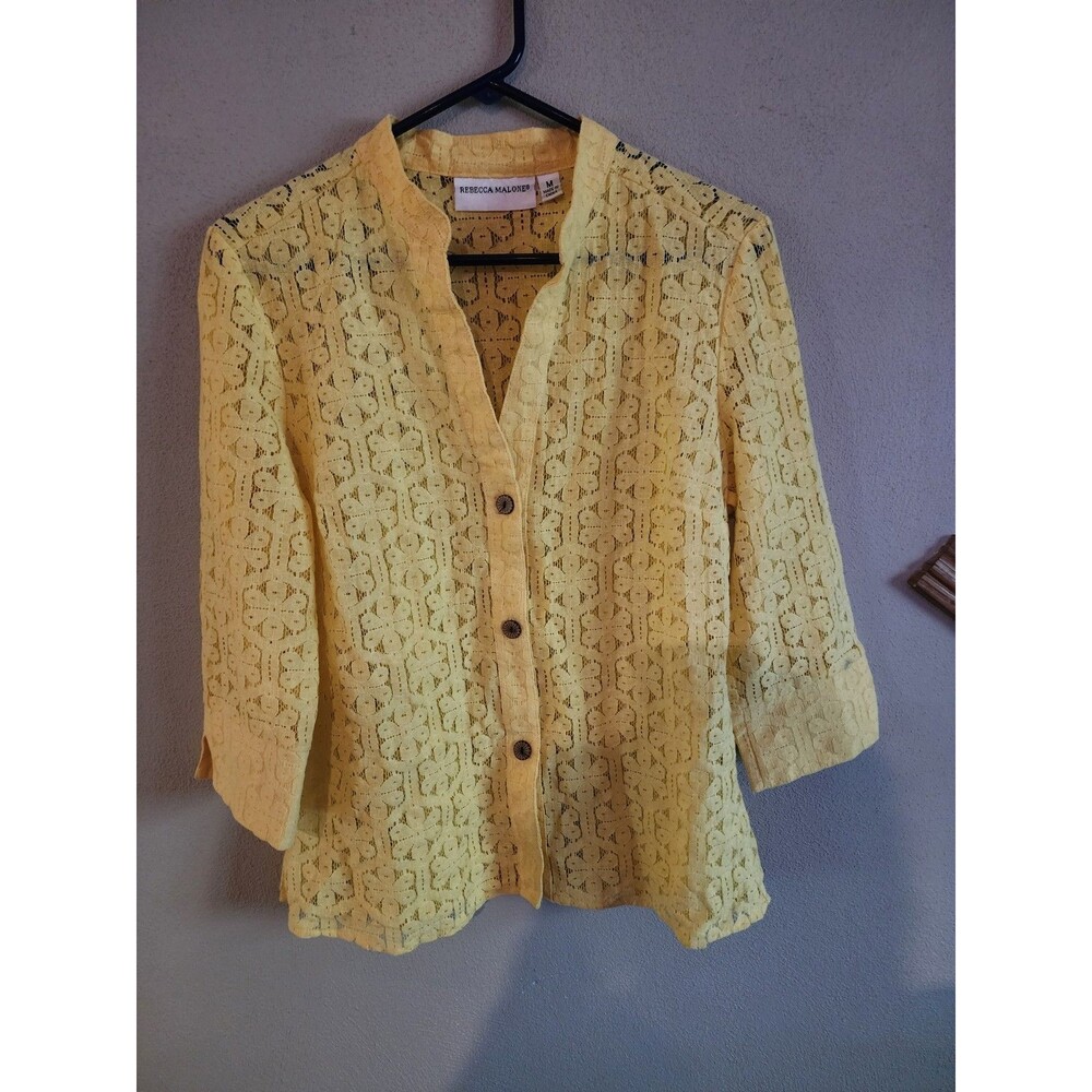 Rebecca Malone Womens Yellow Lace Floral Mandarin Collar 3/4 Slv Shirt Size M